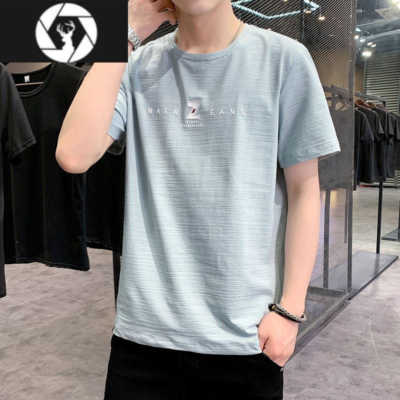 hongzun短袖t恤男夏季莫代尔冰丝宽松大码圆领青年打底衫男体恤