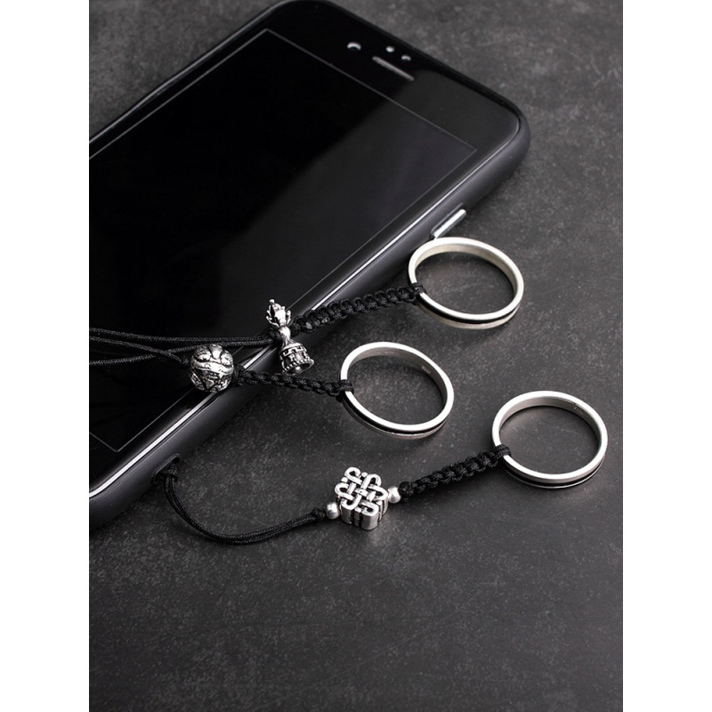 原创设计s925纯银泰银手机环挂件绳指绳男女情侣手机链古风指环扣光面