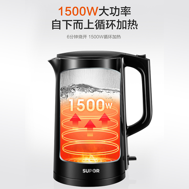 苏泊尔(SUPOR) 电水壶1.7L黑色双层保温防烫304不锈钢家用烧水壶SW-17T12D高清大图