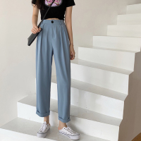 女裤夏季薄款卷边九分直筒裤2021新款设计感高腰显瘦休闲阔腿裤子 蓝色 S