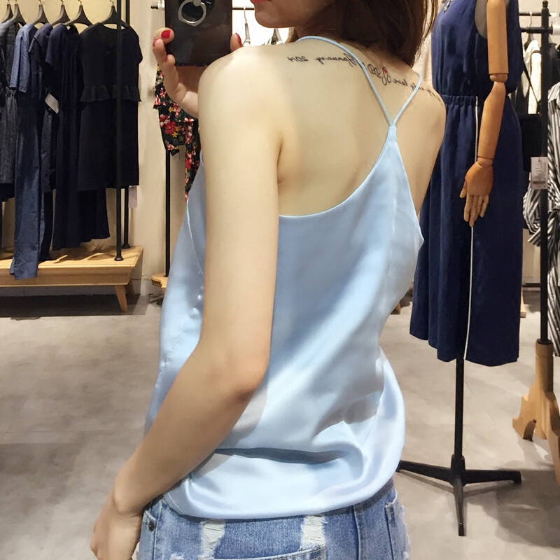 2018款V领带背心女外穿内搭上衣纯色绸缎打底衫百搭短款