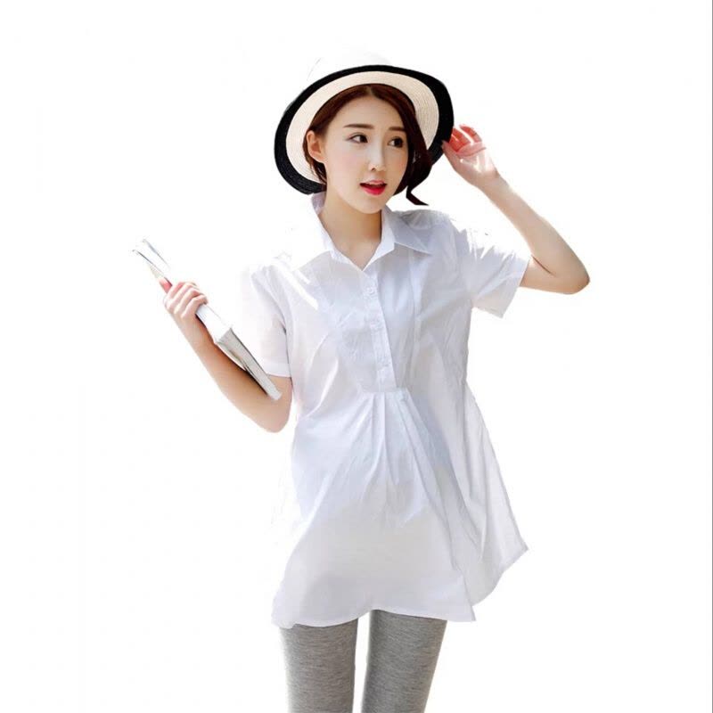 迪鲁奥(DILUAO)孕妇夏装上衣纯棉孕妇衬衫短袖中长款孕妇衬衣宽松白色职业装潮妈图片