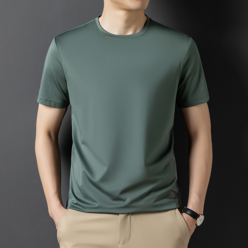夏季桑蚕丝男圆领冰丝短袖t恤简约无痕男装纯色凉感半袖体恤上衣