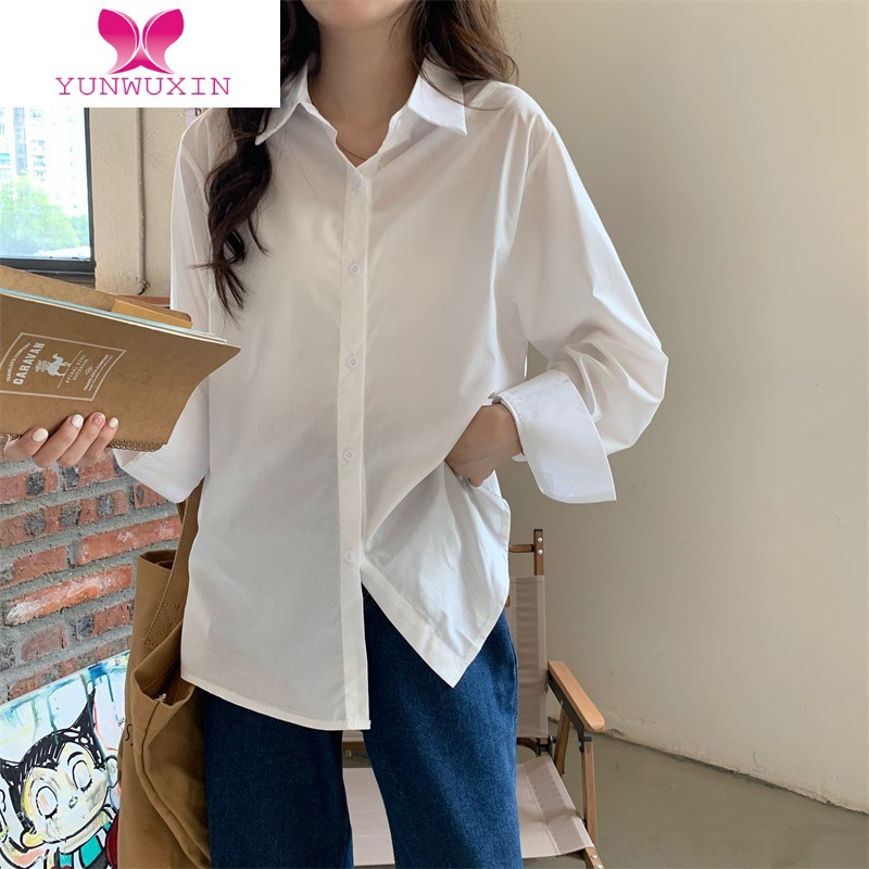 YUNWUXIN2022新款白色衬衫女设计感小众薄款上衣内搭叠穿打底长袖衬衣