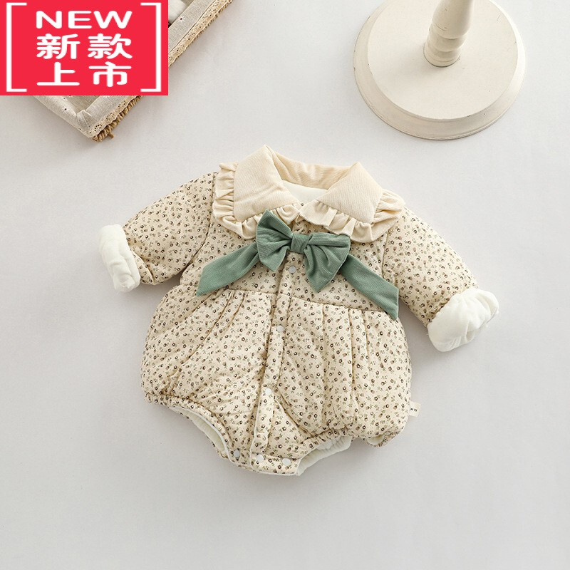 可莉允韩版冬季婴儿衣服女宝宝夹棉加厚冬款棉服超萌包屁碎花蝴蝶结哈衣