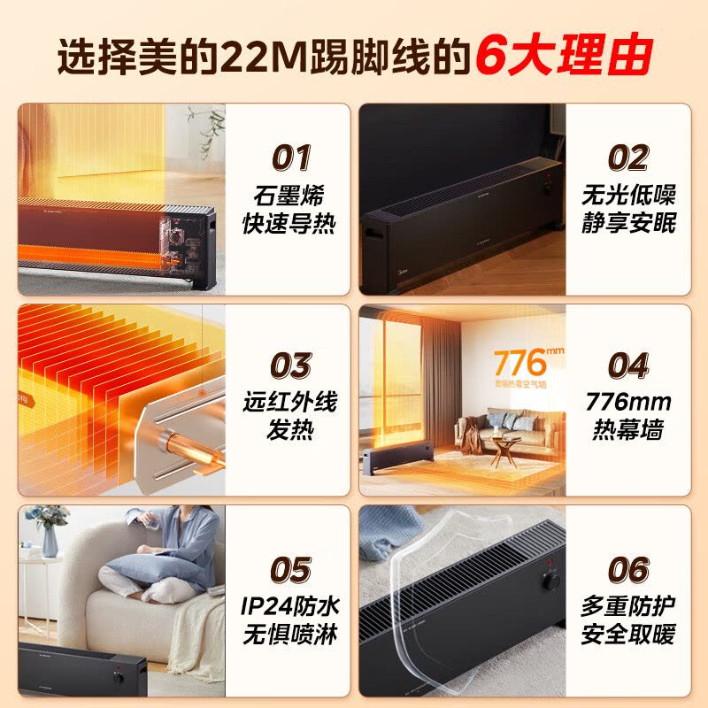 美的(Midea)[极简]石墨烯踢脚线/取暖器家用/电暖器/电暖气片/移动地暖/电暖风机/烤火炉大面积除菌 HDU22M图片