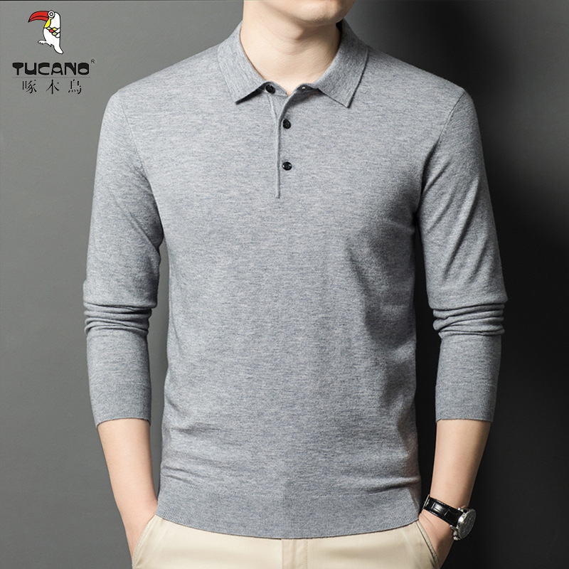 啄木鸟精纺80支羊毛衫春秋新款中年男士毛衣翻领长袖羊绒衫针织衫高清大图