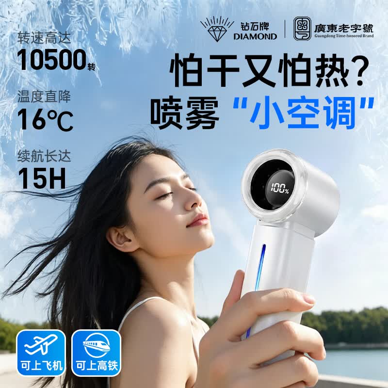 钻石牌 手持小风扇白色加湿款GF04 小风扇便携随身usb充户外超强力冷风长续航通勤 ZSXJS-HG高清大图