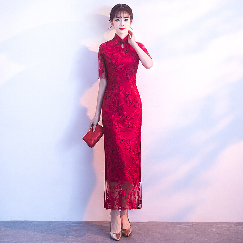 红色新娘敬酒服旗袍2018新款冬季长款复古中国风中式结婚礼服裙女