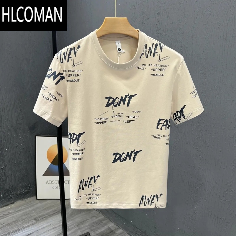 HLCOMAN时尚满印花设计感短袖t恤男夏装大码宽松网红潮牌百搭半袖上衣服 米色 3XL建议150-175斤