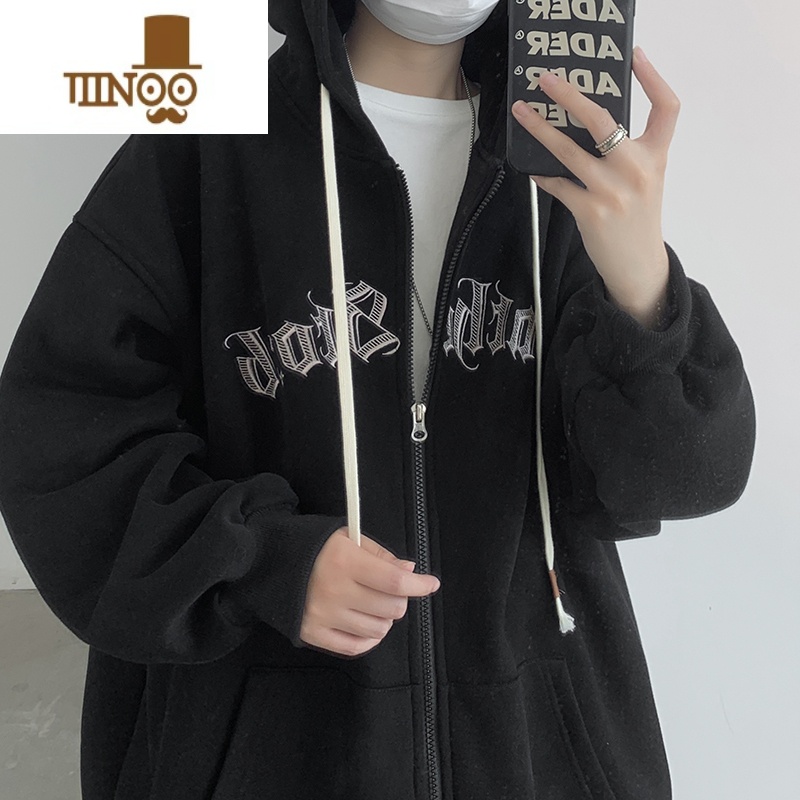YANXU美式刺绣拉链连帽卫衣男港风宽松休闲外套ins潮秋季情侣运动开衫高清大图