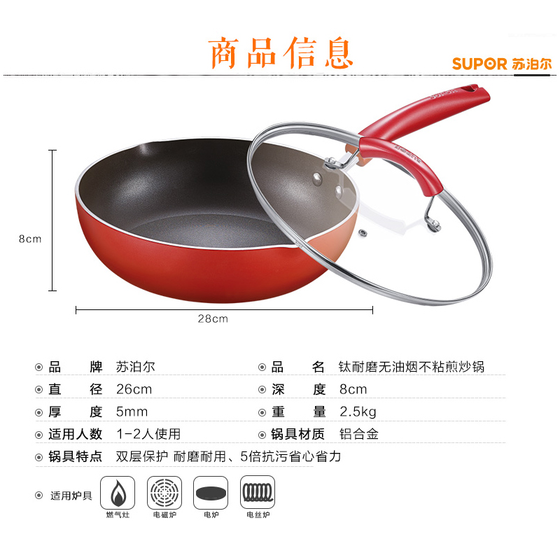 苏泊尔(SUPOR)钛耐磨少油烟不粘锅煎炒锅 加厚双层耐磨耐用不粘平底锅 电磁炉燃气通用 26cmPJ26RA1高清大图