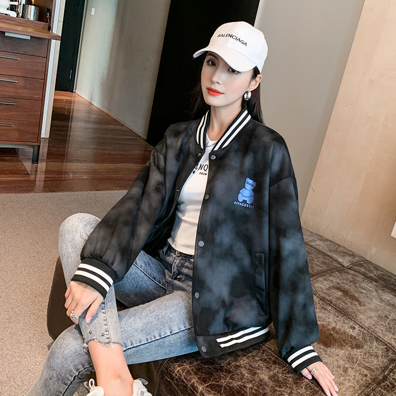 真维斯复古迷彩外套女春秋季ins国潮小熊印花休闲百搭棒球服上衣