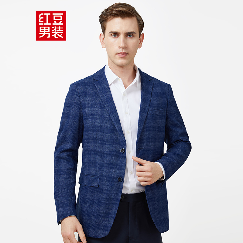 hodo红豆男装男士西服外套春季格纹平驳领西服外套男