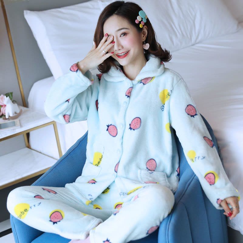 秋冬季加厚珊瑚绒睡衣女士韩版套装长袖法兰绒家居服加大码妈妈装图片