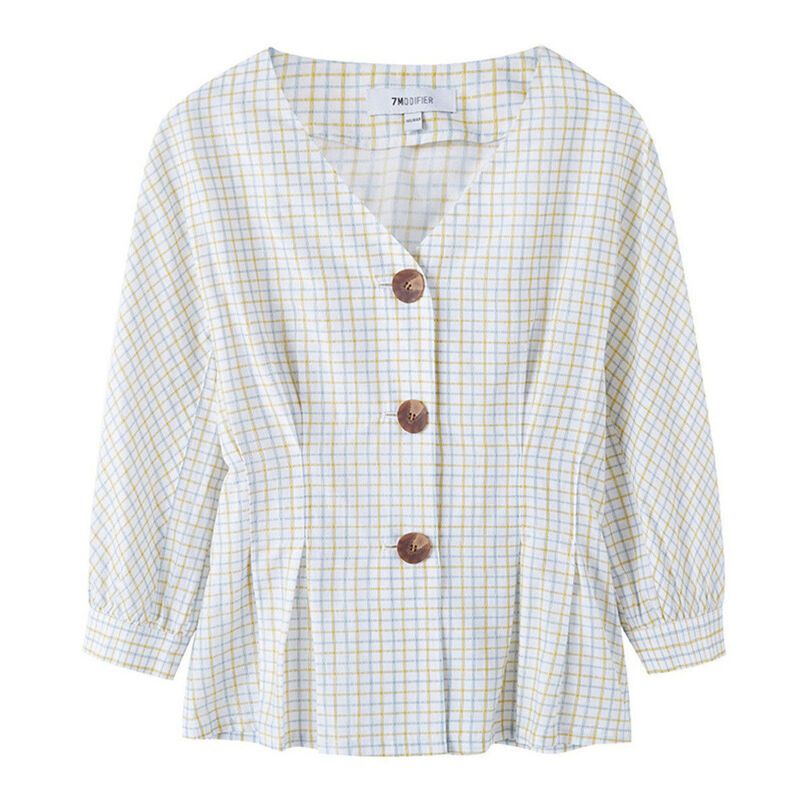 拉夏贝尔格子v领收腰修身衬衫女装百搭七分袖风情上衣