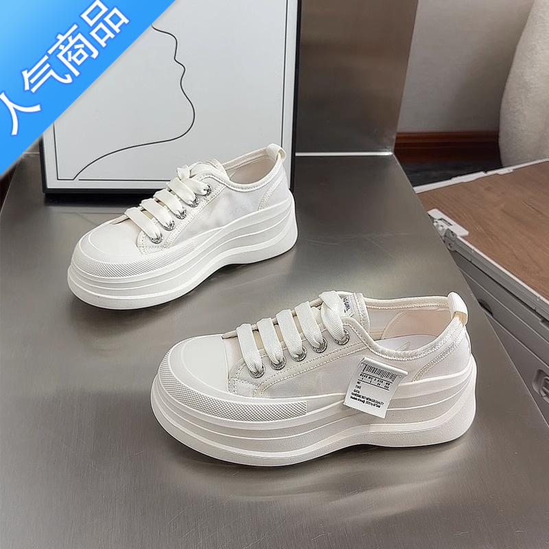 SUNTEK帆布鞋女夏季2023年新款松糕厚底女鞋薄款网面小白鞋休闲运动板鞋高清大图