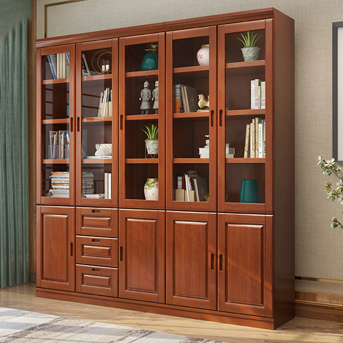 采百木实木书柜自由组合带书架玻璃门简约中式5门2门3门办公书架储物