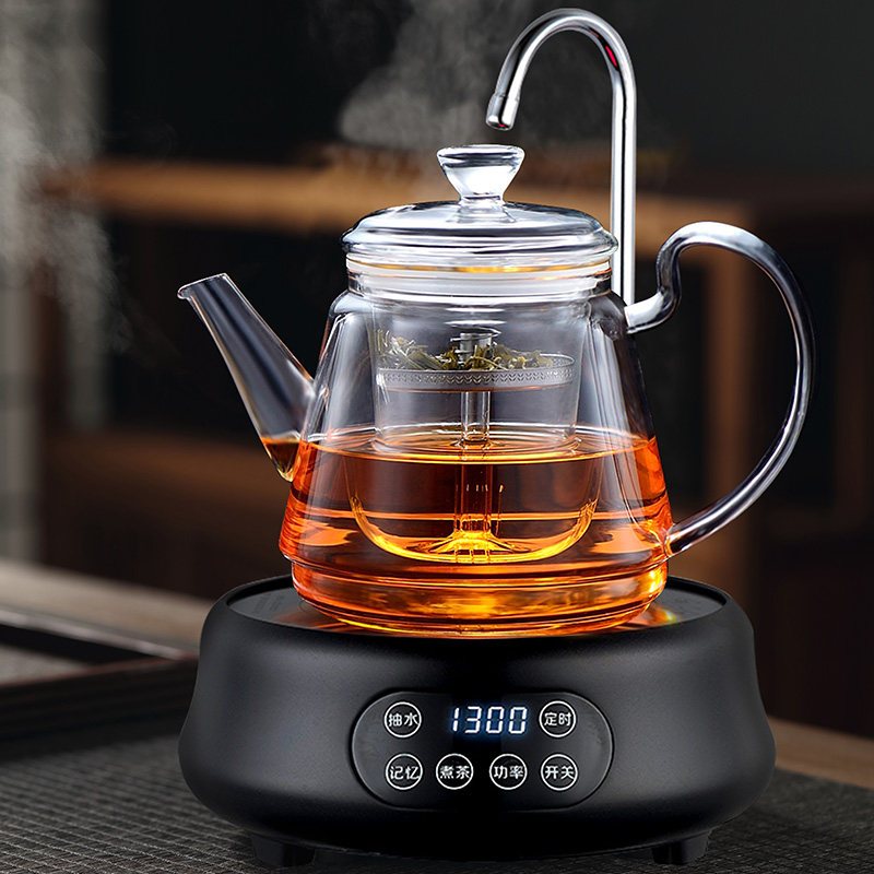 加厚煮茶壶玻璃白茶专用自动上水电陶炉黄金蛋烧水壶套装家用蒸汽煮茶器 双用壶D款+抽水黑色腰型电陶炉+4杯