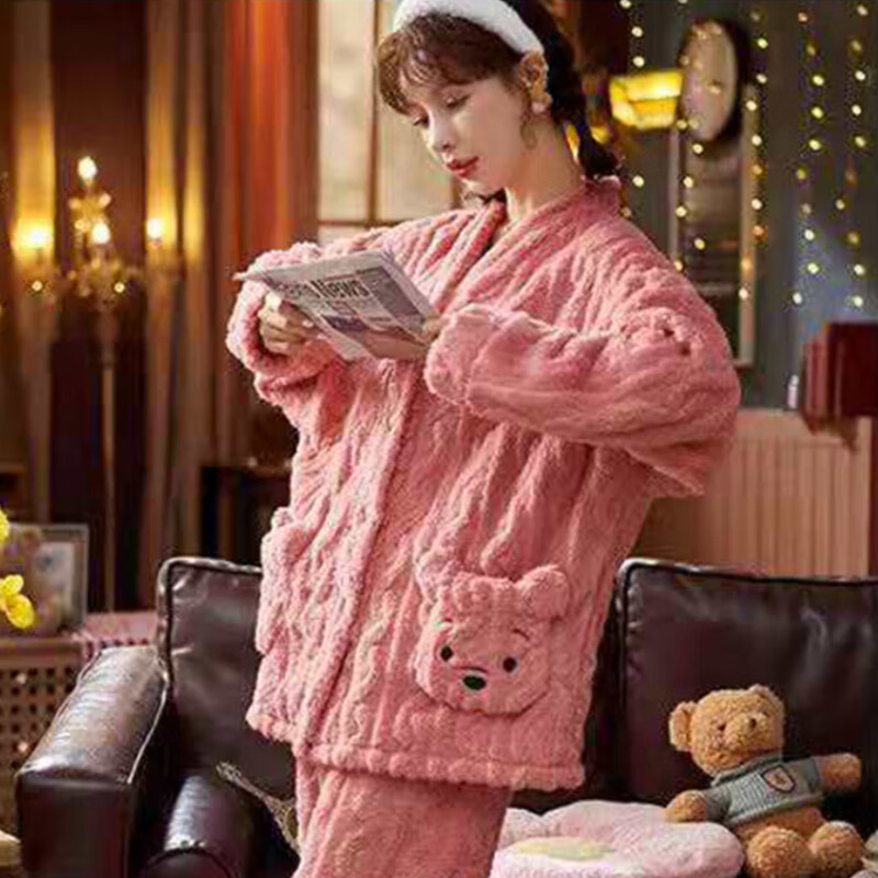 浪莎睡衣女长袖珊瑚绒秋冬季加绒加厚法兰绒冬天加大码家居服套绒高清大图