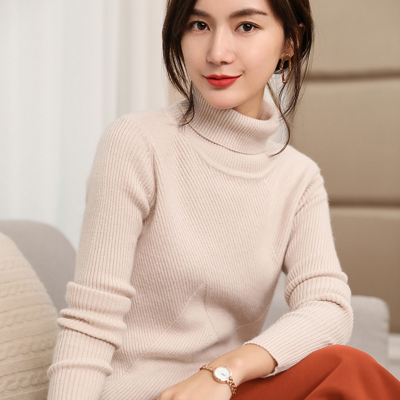 2018高翻领毛衣女抽条提花羊绒衫长袖套头短款针织衫修身秋冬