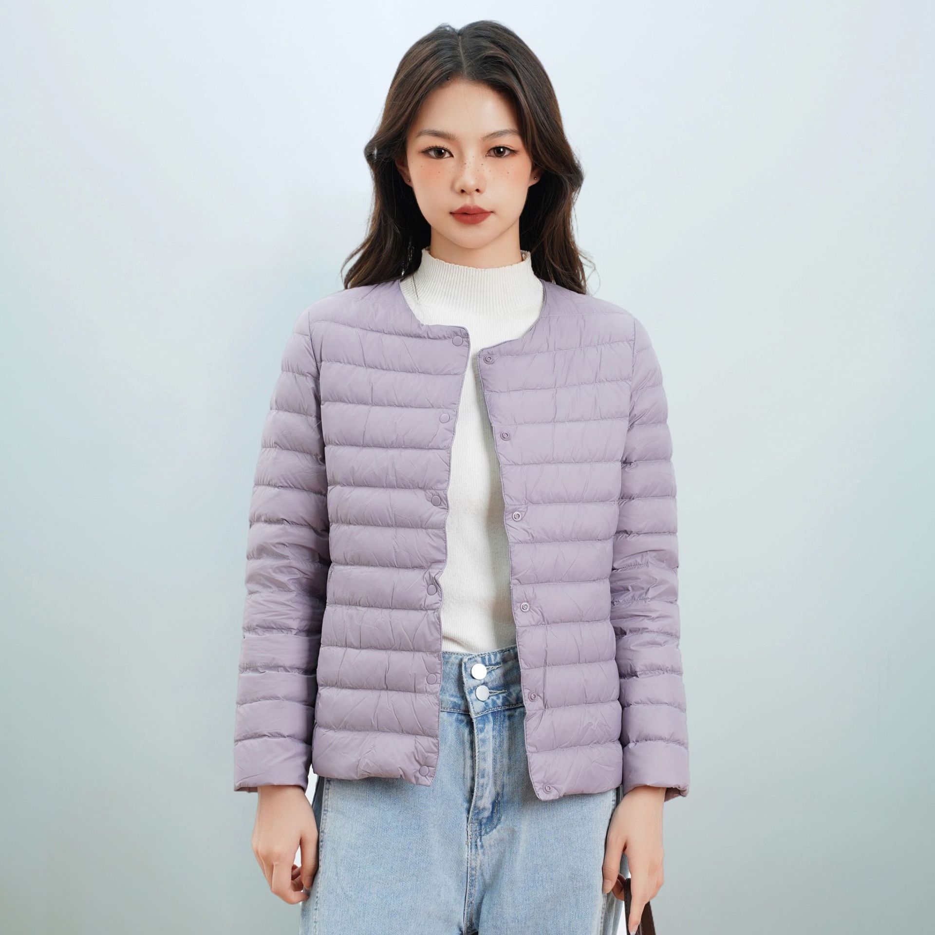 女式新国标90绒新款纯色女装圆领V领简约长袖羽绒服外套高清大图