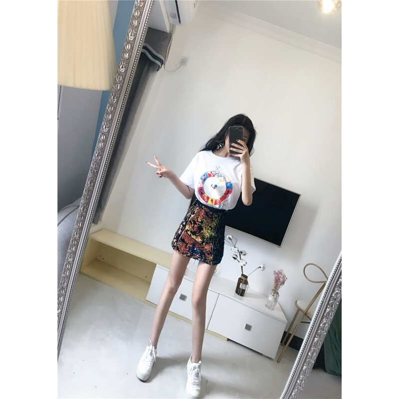 2018夏季新款时尚修身印花潮T恤+休闲亮片高腰半身裙两件套装潮女