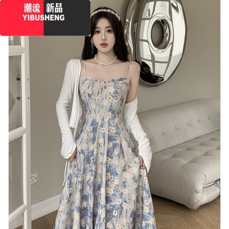 YIBUSHENG大码女装微胖蓝色油画碎花法式小众连衣裙女裙子胖mm遮肚显瘦长裙