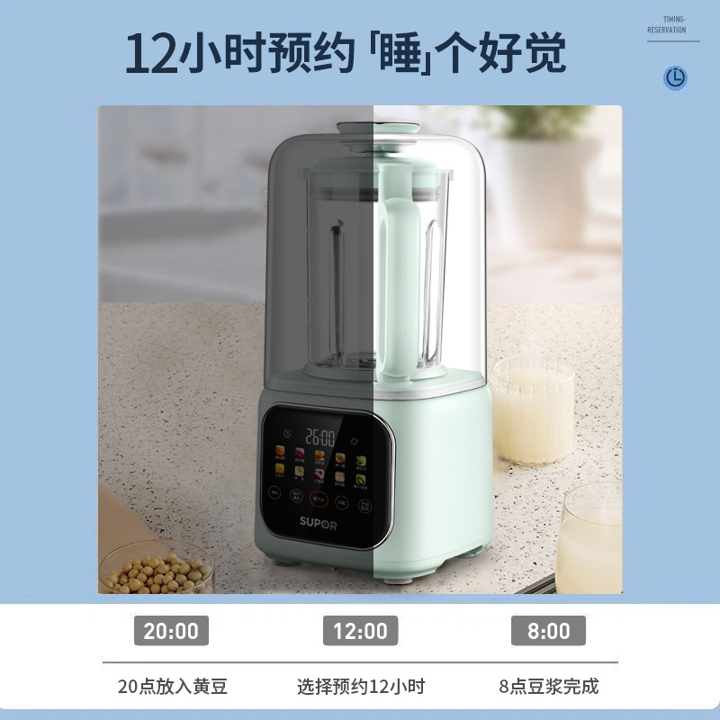 苏泊尔(SUPOR)破壁机有罩 低音破壁料理机家用多功能智能预约加热豆浆机料理机辅食机榨汁机 升级隔音罩浅绿色1.5L高清大图