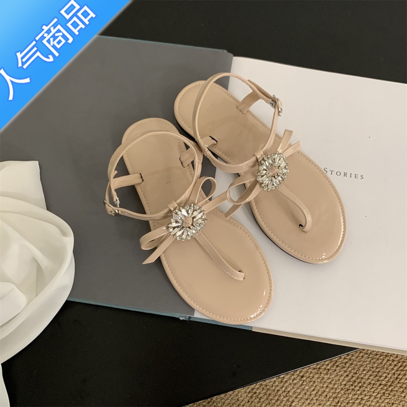 SUNTEK夹脚凉鞋女2023年新款夏季法式晚风仙女水钻蝴蝶结外穿沙滩平底鞋高清大图