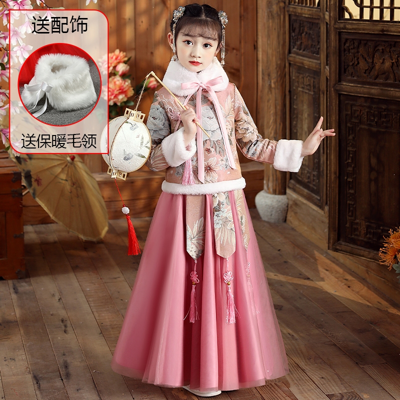 智扣年货女童新年装中国风古装冬季加绒汉服儿童装唐装拜年服女孩加厚
