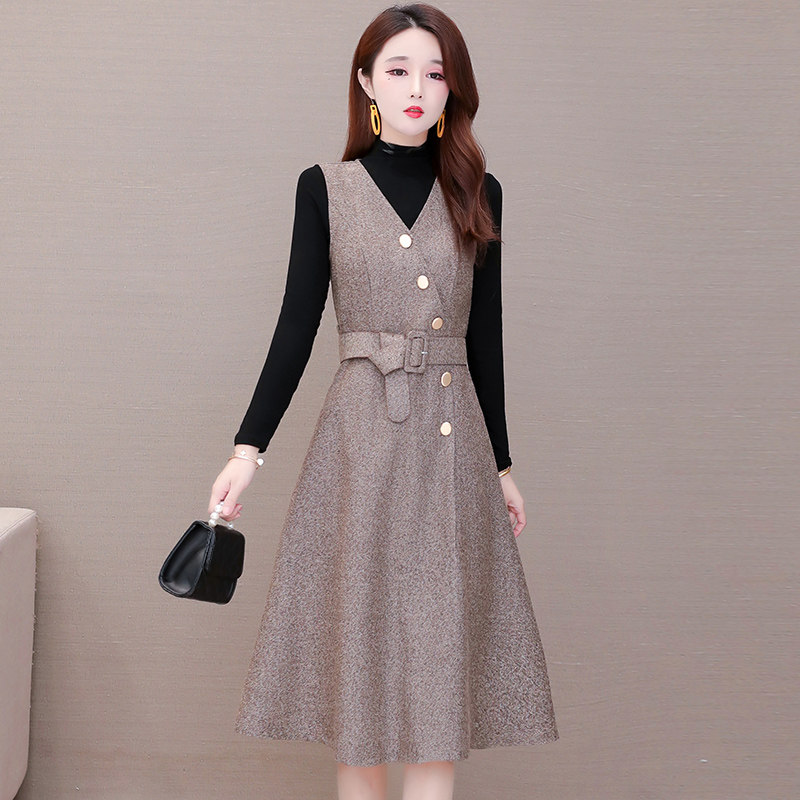 大码连衣裙女春秋两件套2020年秋装韩版新款收腰显瘦气质背带套装裙子