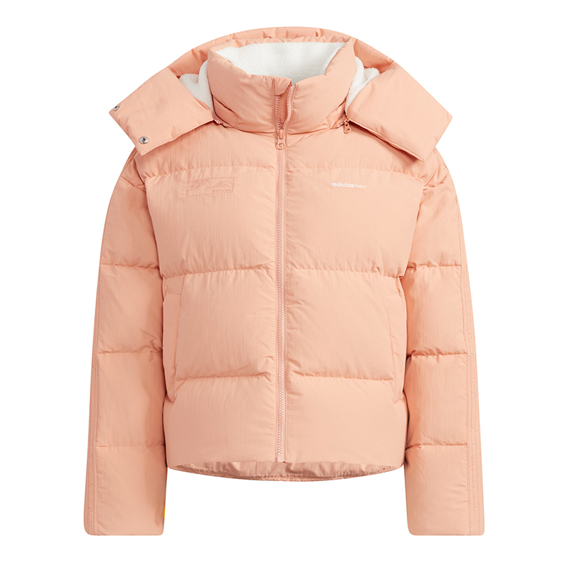 adidas neo octjkt dwn 纯色印花logo拉链连帽羽绒服 女款 粉色h18635