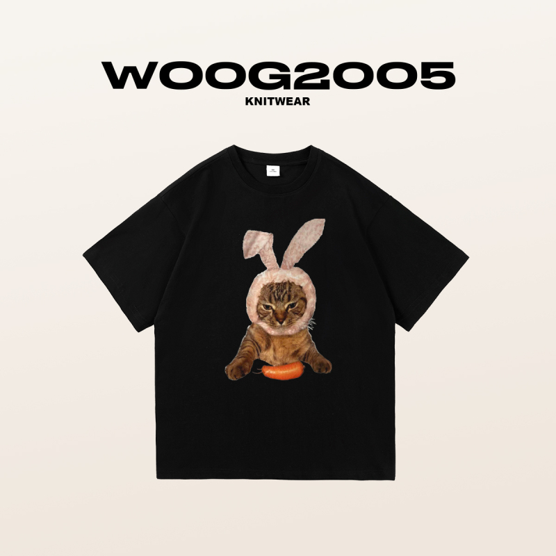 WOOG2005猫咪兔子趣味印花2022男士印花T恤ins潮男女同款圆领短袖