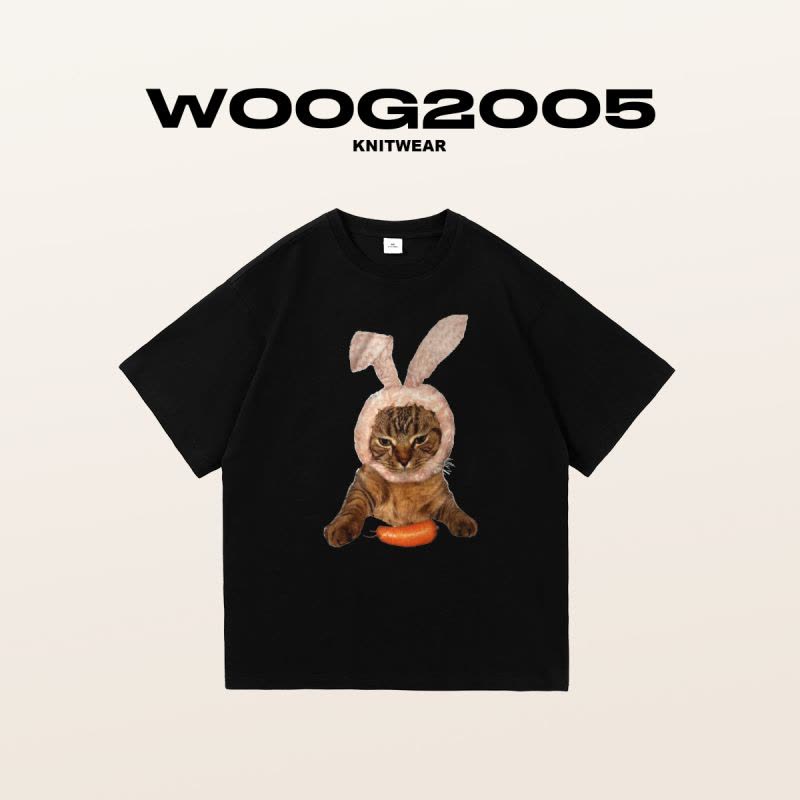 WOOG2005猫咪兔子趣味印花2022男士印花T恤ins潮男女同款圆领短袖图片