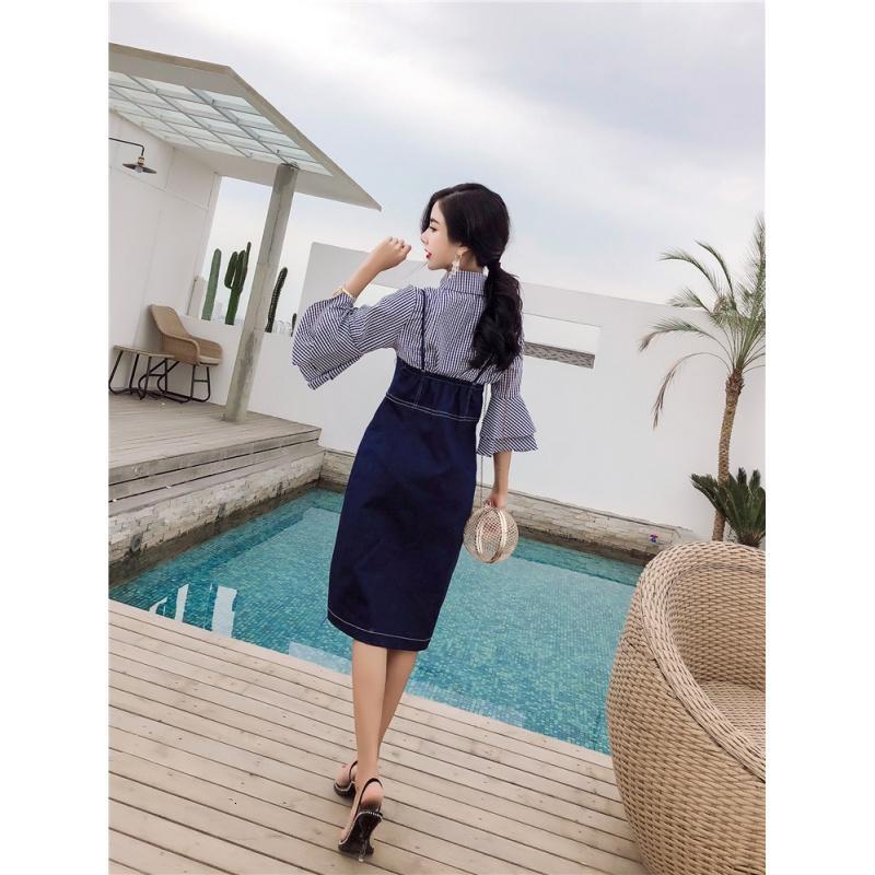 带小清新套装女夏2018新款牛仔连衣裙时尚喇叭袖格子衬衫两件套