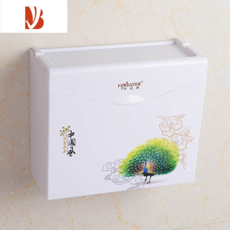 三维工匠加厚厕所纸巾盒草纸盒免打孔卫生间纸巾盒檫纸盒厕所塑料擦手纸盒 孔雀开屏[升级加厚-送无痕贴]