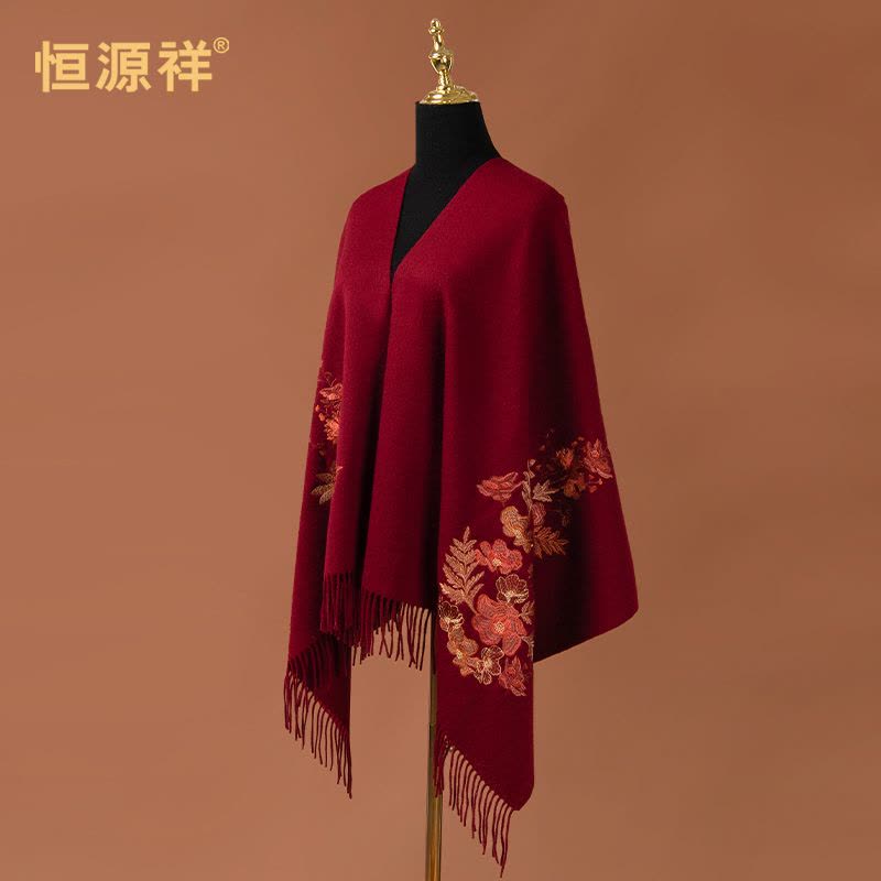 恒源祥秋冬红色羊毛披肩刺绣妈妈羊绒围巾礼服旗袍喜婆婆婚宴外搭图片