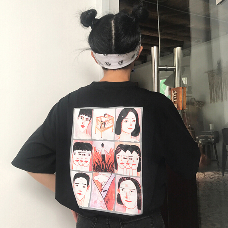 后背卡通头像短袖T恤女2018春夏新款韩版学生宽松打底衫上衣白色均码