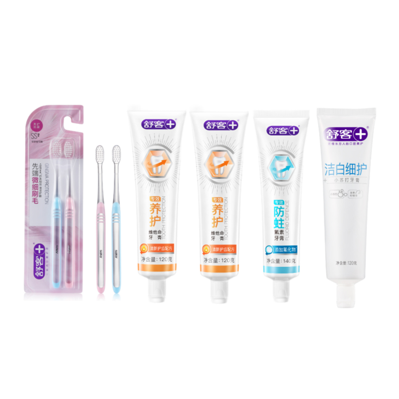 舒客+小苏打洁白细护牙膏120G+维C营养牙膏120G*2+舒客专效防蛀固齿牙膏140g+舒客专效特护牙刷2支