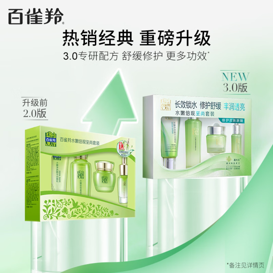 [百雀羚]水嫩倍现至尚套装洁面乳95g+精华水100ml+精华霜50g+眼部精华液 15ml高清大图
