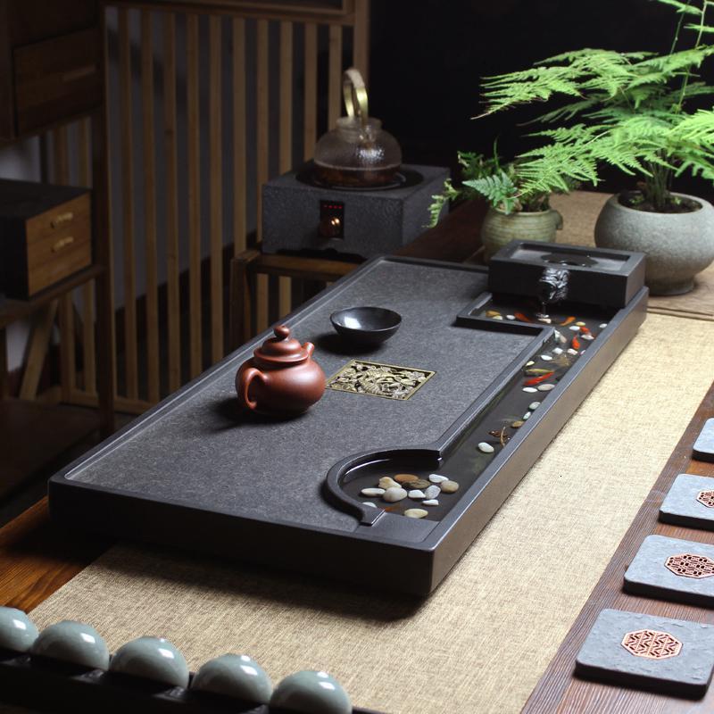 天然乌金石茶盘网红家用石头创意流水养鱼小茶台茶具石盘功夫茶海