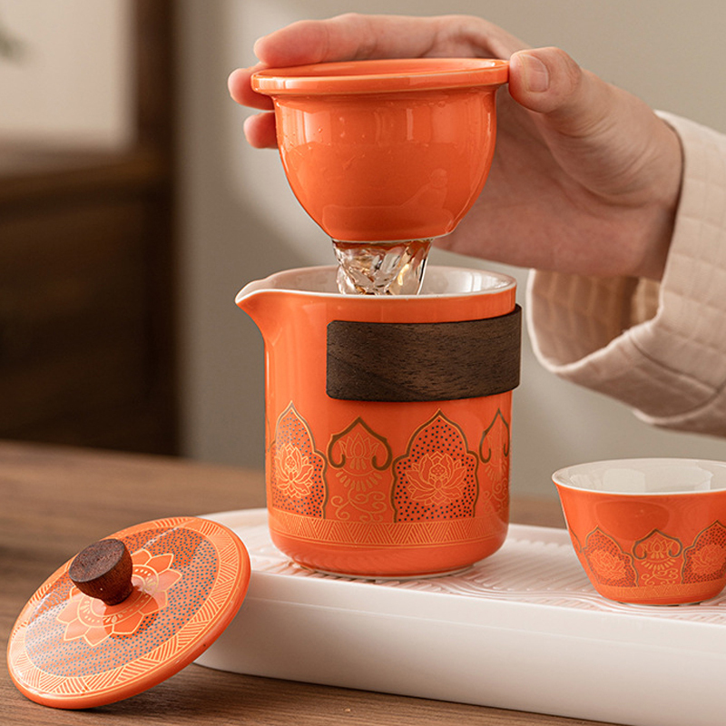 美穗吉家(mihooce)喜悦便携茶具套装 旅行功夫茶具陶瓷户外泡茶杯 橙色MIH-2502001!高清大图