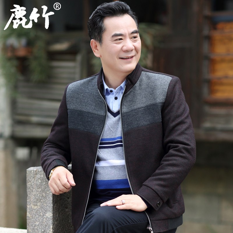 BaLuoShang秋冬季爸爸装毛呢外套中年男士休闲毛呢夹克衫冬装立领上衣毛呢大衣