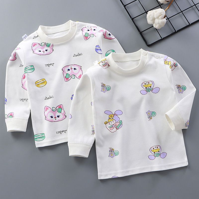 春秋季单秋衣中小童长袖T恤男童女童秋衣肩扣单上衣 超值两件装-紫色兔兔1+1蛋糕猫咪 尺-码100cm（A类品质-有肩扣）
