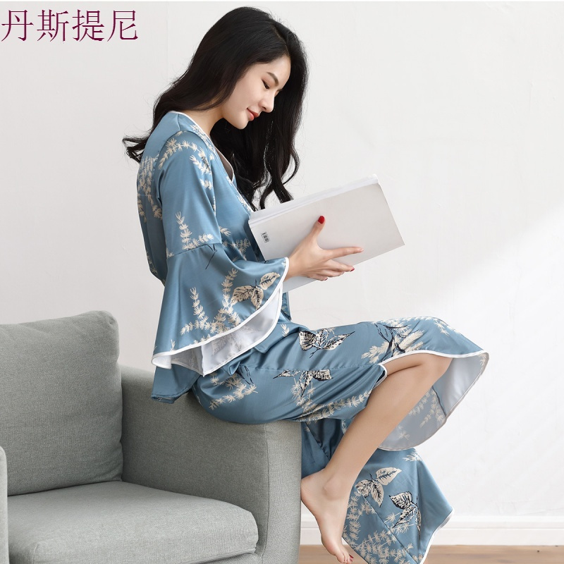 日式和服睡衣女士长袖套装冰丝秋季女性感丝绸家居服春秋款