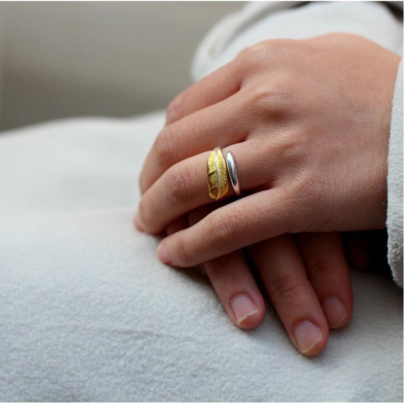 金包银卷叶戒指开口羽毛戒指日韩百搭饰品关节戒日韩个性简约hfxyj