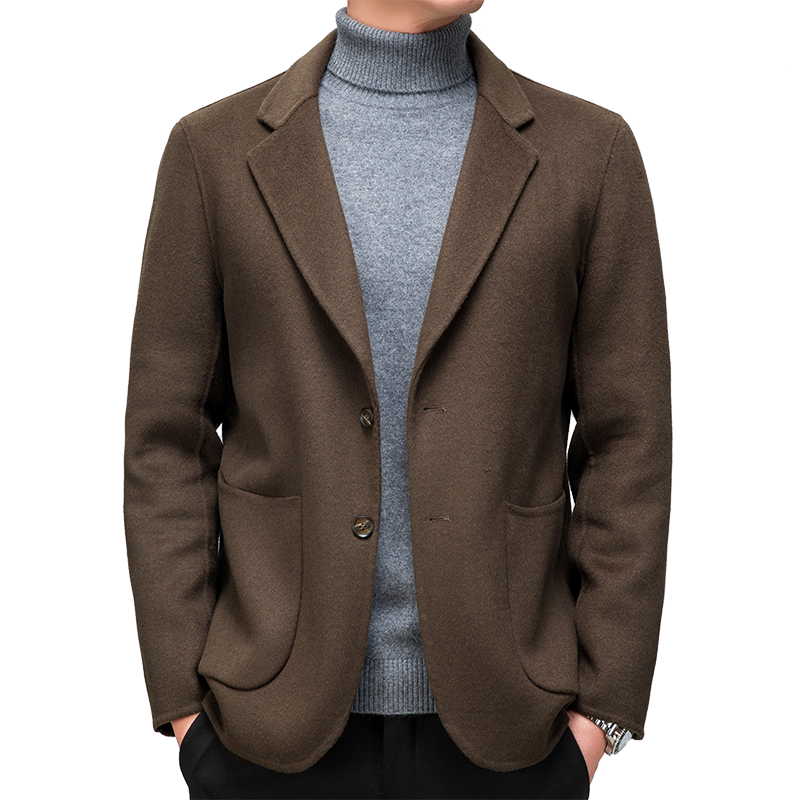 双面呢西服外套羊绒大衣男春秋季中年商务100纯羊毛双面呢羊毛呢子中长款西装领羊绒毛呢大衣外套品牌 棕色 175/92A(L码）