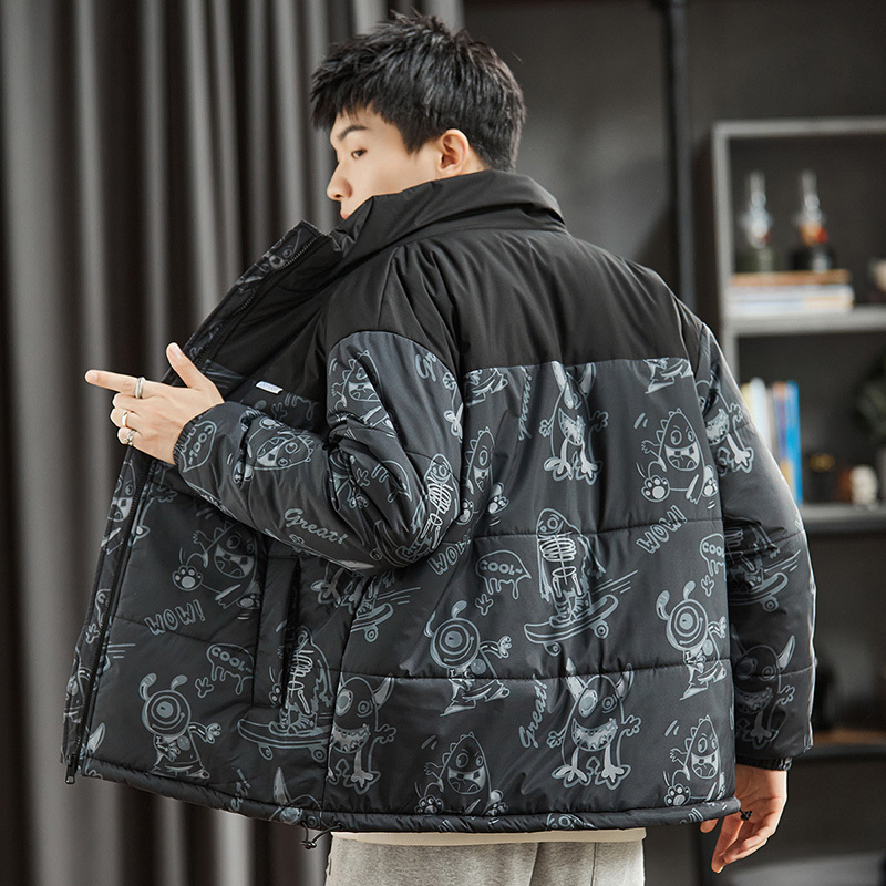 唐狮棉衣外套男立领宽松拼接满印棉服男冬季棉衣外套男_00 XL 黑色