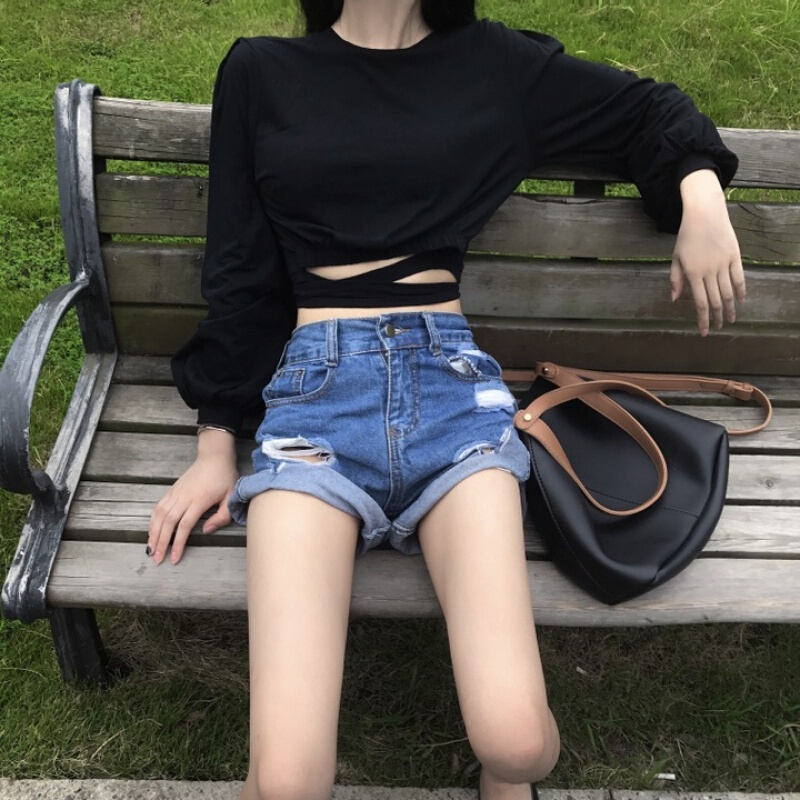 灯笼袖短款性感漏肚脐收腰绑带跳舞长袖T恤女韩舞宽松露脐上衣白色均码